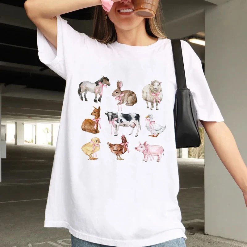 Farm Animals Printed Top Cartoon Print Summer Fashionable Womens T-Shirt Pattern Print O-Neck Fun Casual Trend Street T-Shirt 250225