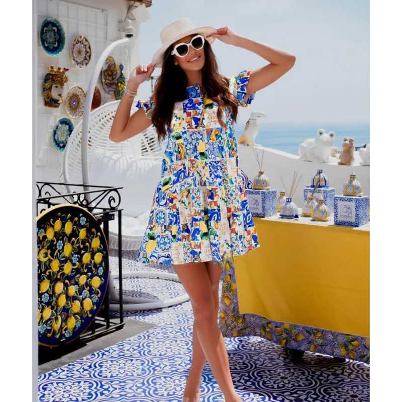 Basic Casual Dresses Girl pleated edge patch midi fancy dress summer sparkling sweater round neck print irregular hem suitable for womens holiday wear