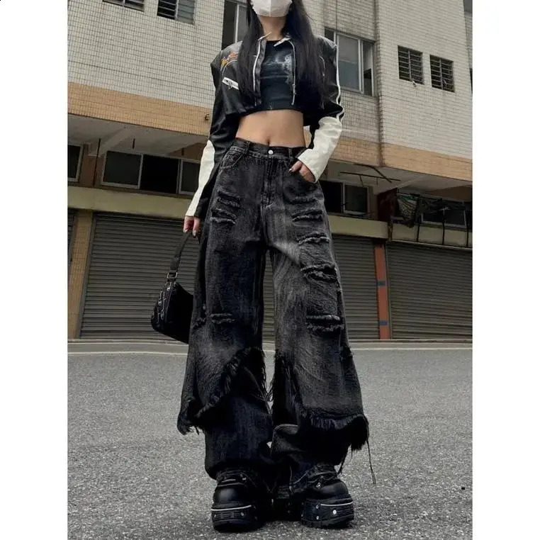 American high street two piece set distressed workwear jeans womens wide leg hip hop street raw edge floor-length pants 250225