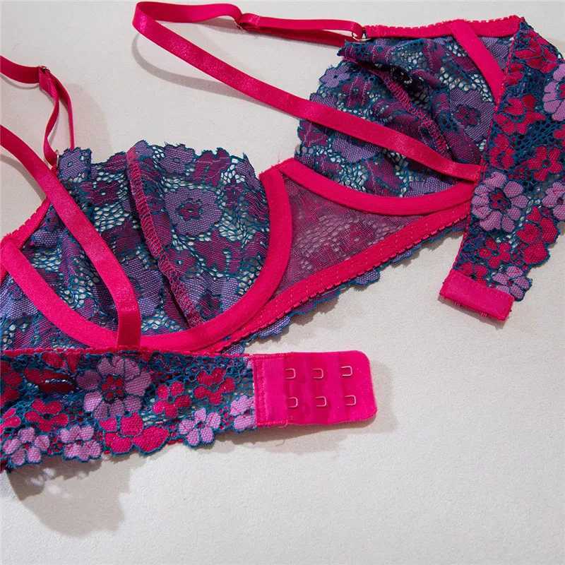 Erotic Lingerie Set Women Sexy Lace Embroidery Flowers Underwear Purple Seamless Beautiful Romantic See Through Bra Brief SetXJ250301