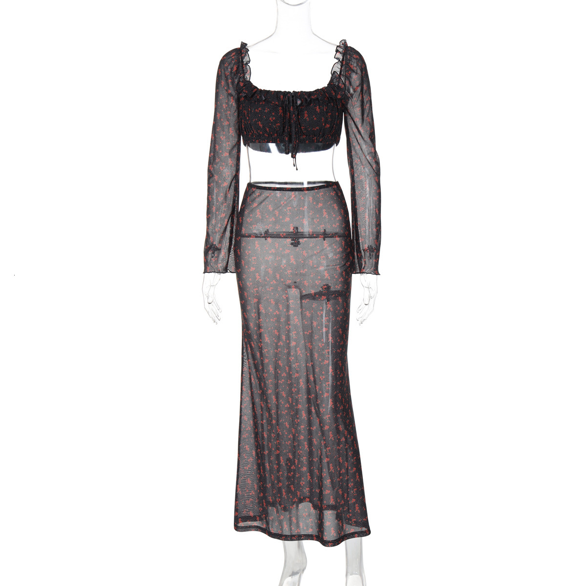 Women's Clothing New Summer New Product Fashionable Sexy U-Neck Crop Top, Slim Fit And See Through Half Skirt Set