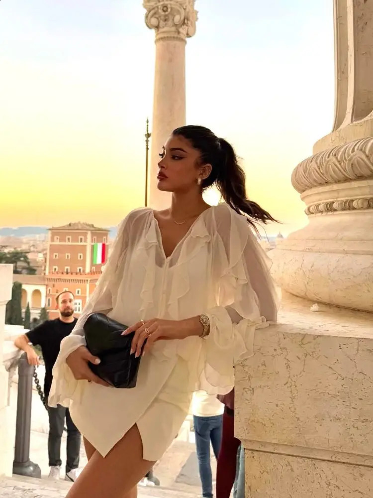 Elegant Solid Ruffle V-neck Long Sleeve Blouse Womens Chic Single Breasted Perspective Shirt Spring Lady Commute Tops 250225