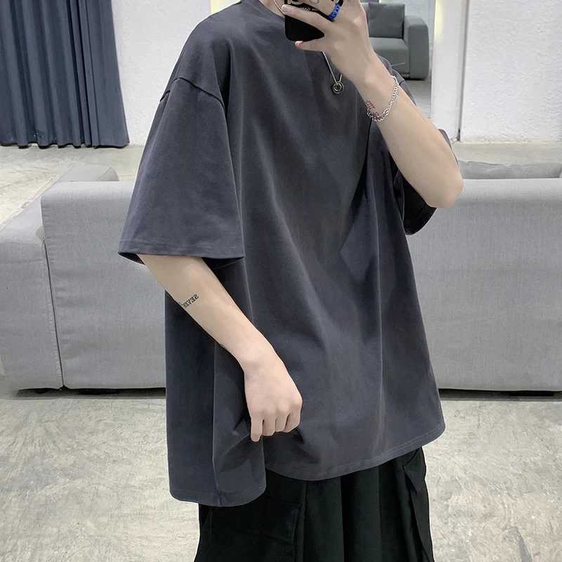 Oversized Summer Short Sleeve Mens T Shirt New Fashion Solid Color Loose O-Neck T Shirts Cotton Hip Hop Streetwear Top TeesT250307