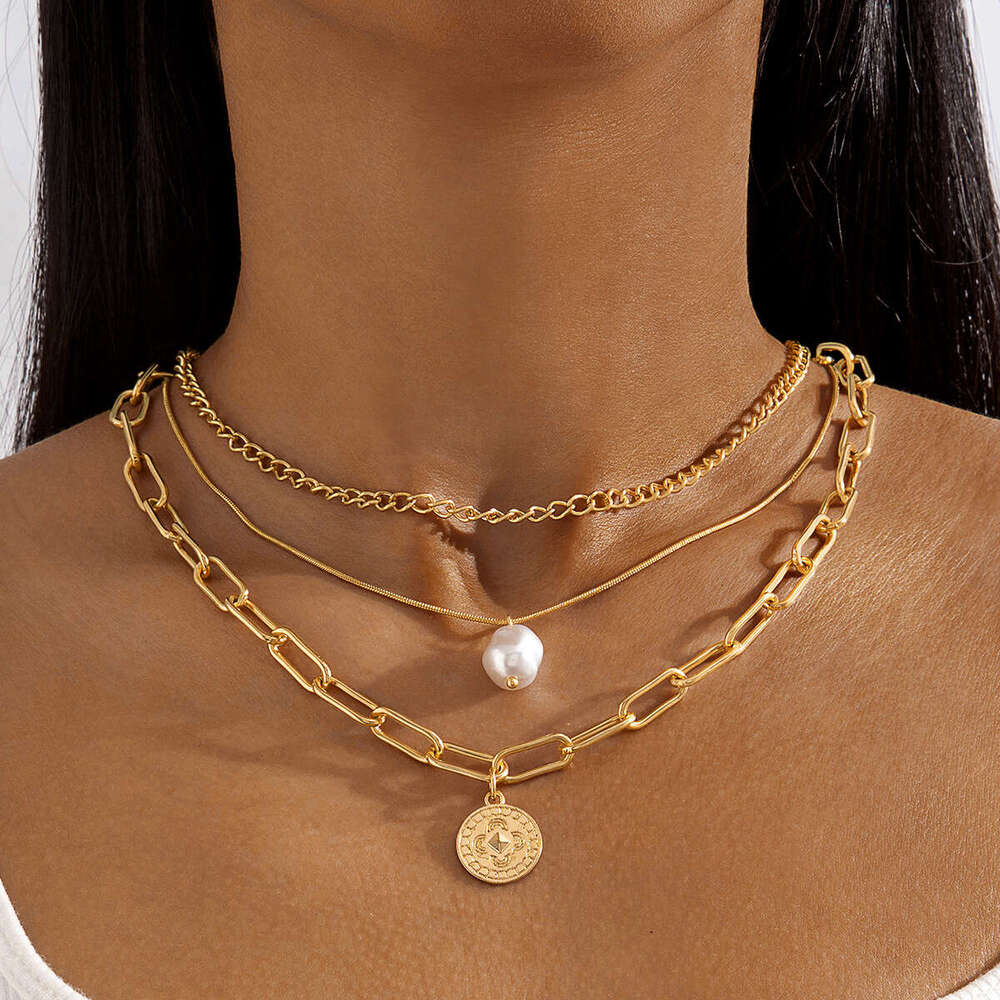 designer necklace Personalized alloy circular pendant, three-layer necklace, versatile, shaped pearl layered collarbone chain, women's necklace
