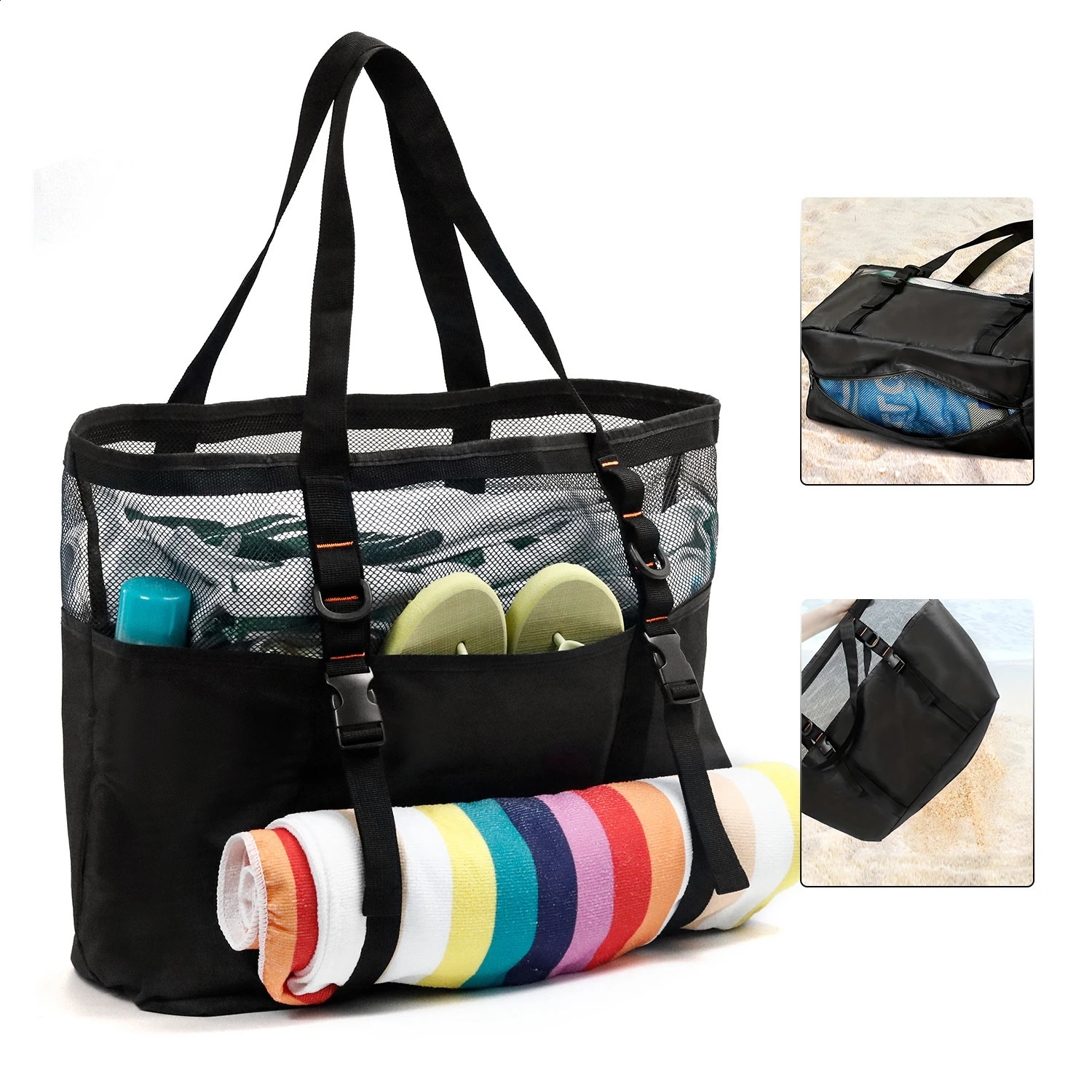 Multiple Lightweight Pockets Foldable Black Mesh Beach Bag Mesh Duffel Bag Large Capacity Swimming Bag for Girl' s Gift 250305