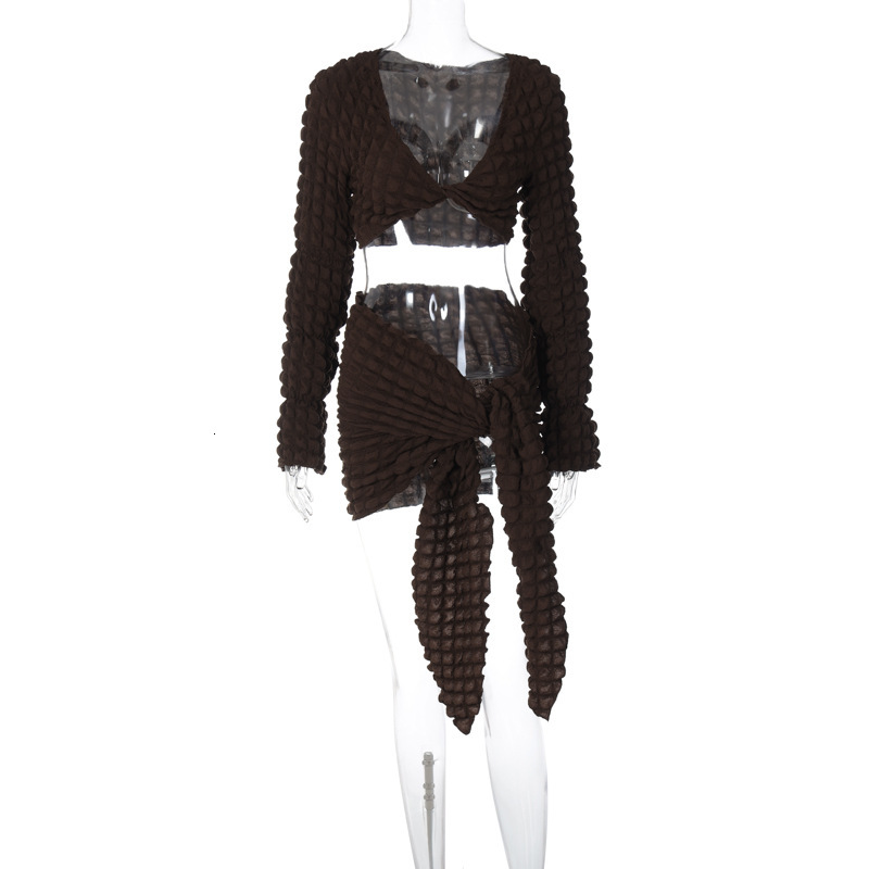 Women's New Autumn New Sexy V-Neck Long Sleeved Top Slim Fit Lace Up Short Half Skirt Set