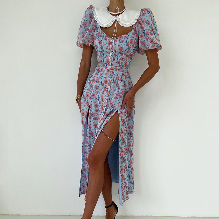 Women's New3 Summer New Sexy Hollow Out Print Doll Neck Short Sleeve Split Long Dress