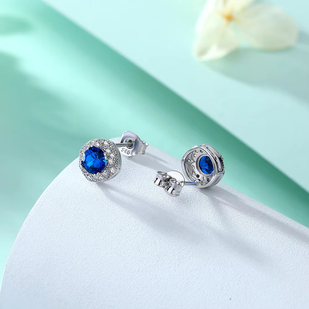 Synthetic Sapphire Non Tarnish Jewelry Halo Studs Earrings Sier
