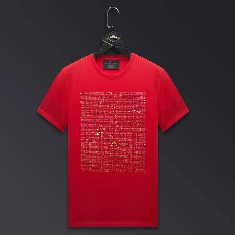Casual Short Sleeve T Shirts Men Summer Clothes Chinese Characters Rhinestones Fashion Streetwear O Neck Cool Cotton T-shirts J250515