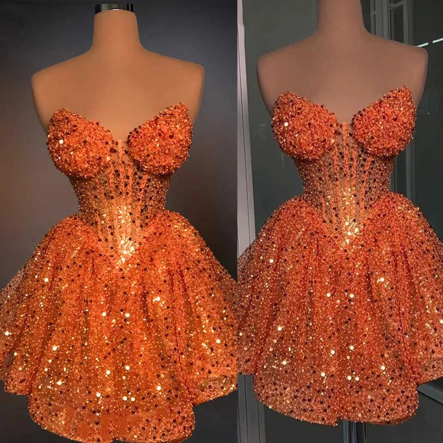 Stylish Cocktail Dresses Pearls Sequins Mini Short A Line Evening Prom Gowns Strapless Princess Custom Made Sleeveless Graduation Ball Club Party Dres