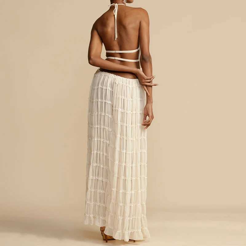 Basic Casual Dresses Womens Bohemian sexy backless matching set 2-piece beach holiday set retro Ruched Halter Cami top+Maxi long dress party J250301