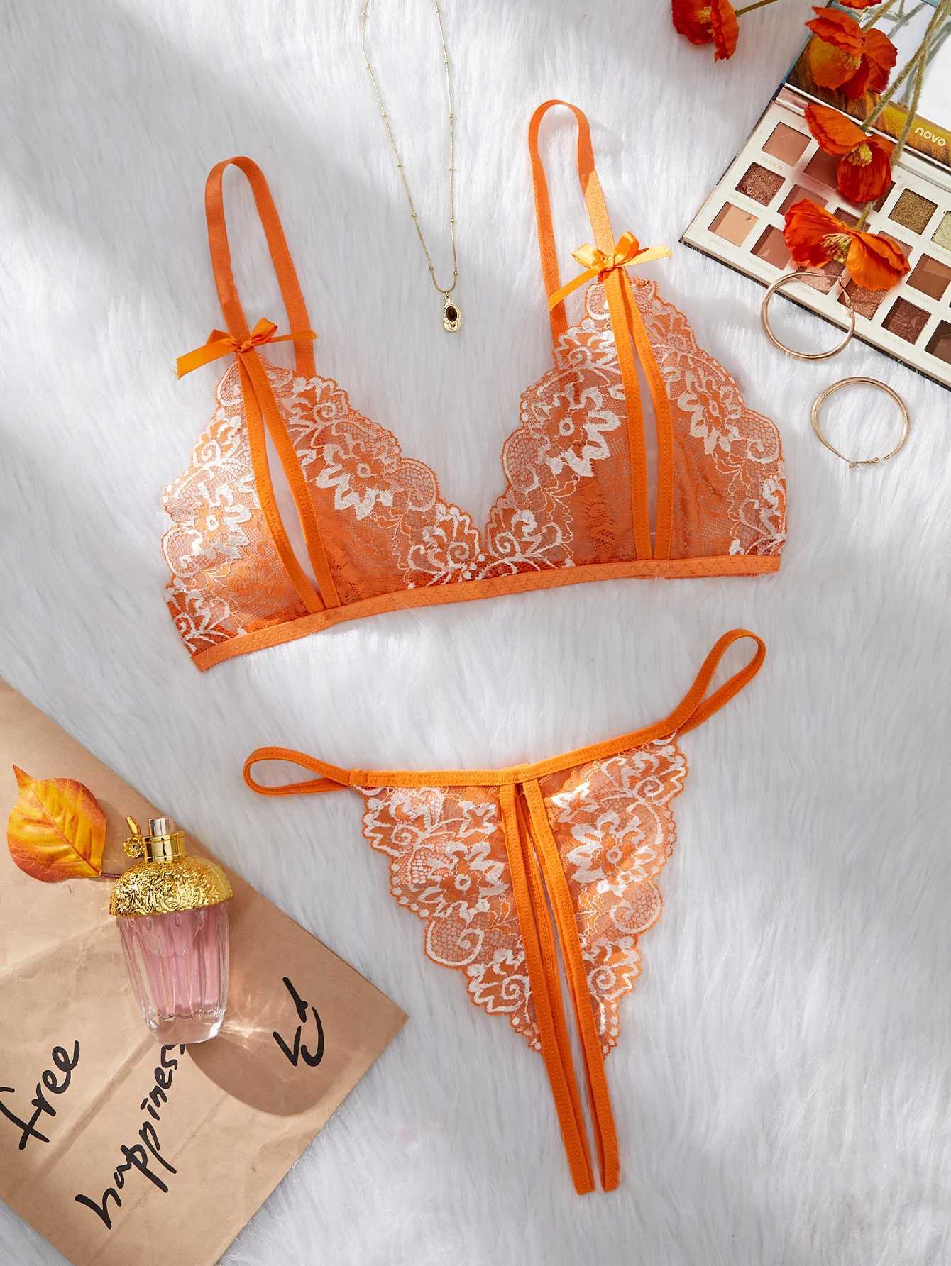 Orange lace contrast bra set womens open chest bra and thong set summer womens lingerie cute and sexy lingerie setXJ250301