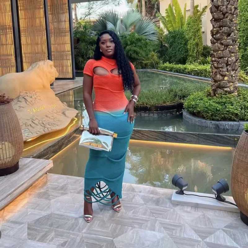 Basic Casual Dresses Sexy Knitted Gradient Orange Blue Hollow Out Maxi Dress Women Fashion Short Sleeve Skinny Stretch Tassel Y2K Birthday Long Dress 