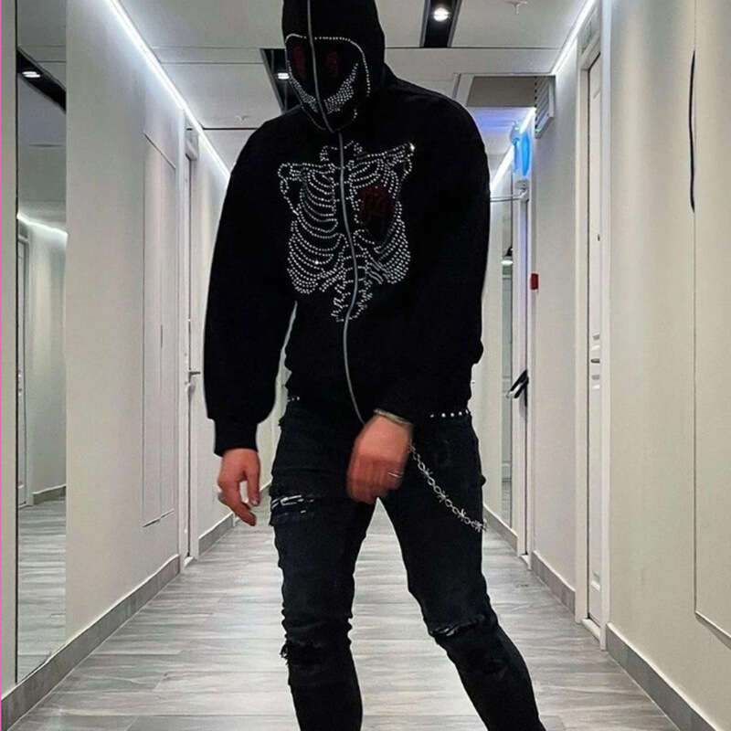 Y2k rhinestone printed loose zipper for women, thick and warm Harajuku jacket, street photography Korean version hoodie