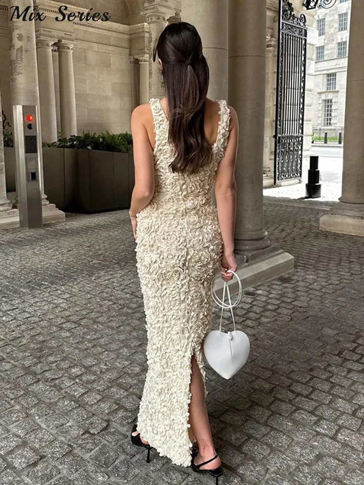 Sexy 3D Flower Deep V-neck Dress Women Slim Sleeveless Backless Split Hip Package Midi Dresses Spring Ladies Dresses 250226