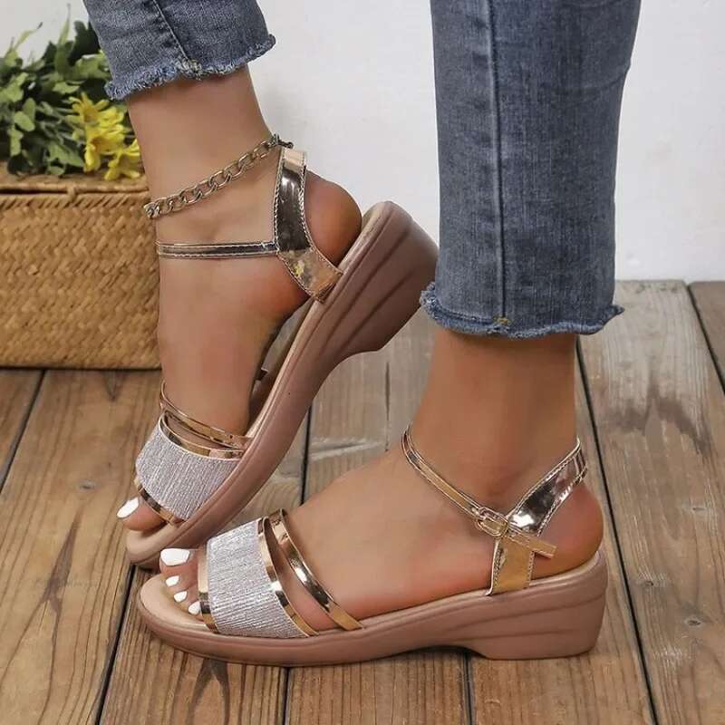 Platform Gold Sier Women 2025 Summer Thick Heeled Wedges Sandals Woman Plus Size 43 Ankle Strap