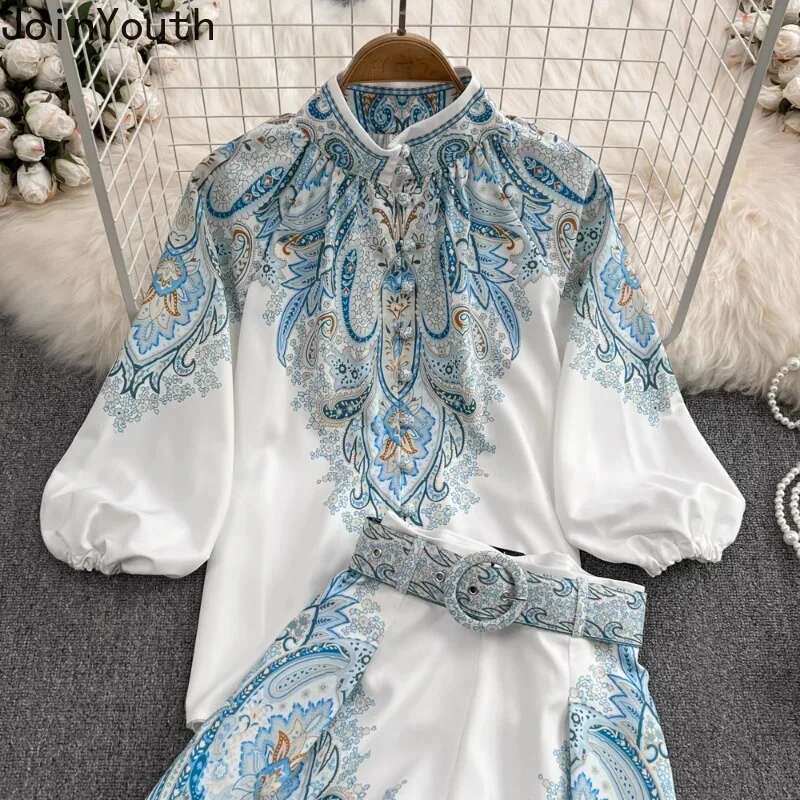 Korean 2 Piece Sets Women Clothes Stand Neck Single Breasted Shirt High Waist Wide Leg Pants Suit Vintage Ral Summer Outfits