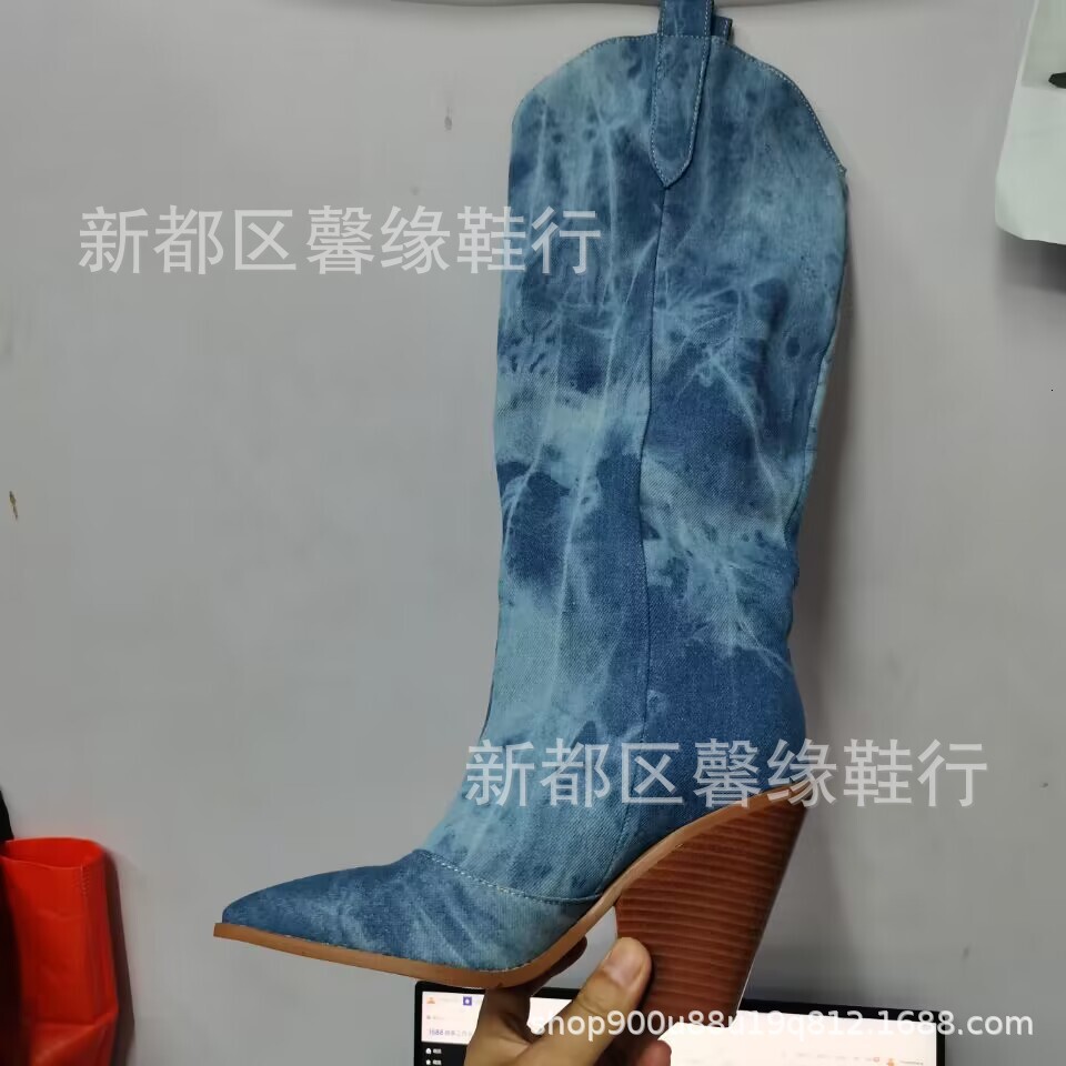 Design boots 40-43 Large Coffee Rain Women's Denim Pointed Ultra High Heels Knee length Boots W308