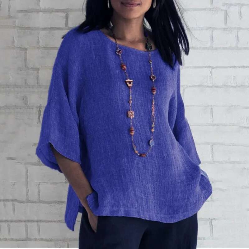 Cotton Shirts O-Neck Three Quarter Loose Casual en Blouse Tops Summer Cothes For Women Streetwear