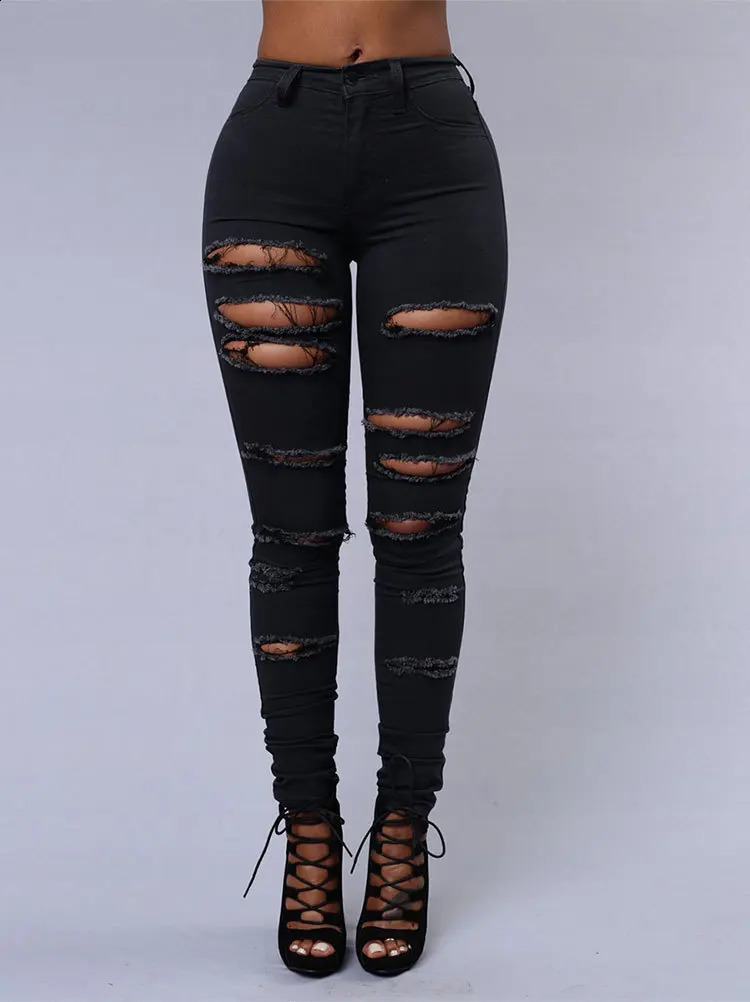 Spring Summer Elastic Trousers Black and White Ripped Jeans Fashion Sexy Skinny Denim Pencil Pants S-3XL Drop 250225