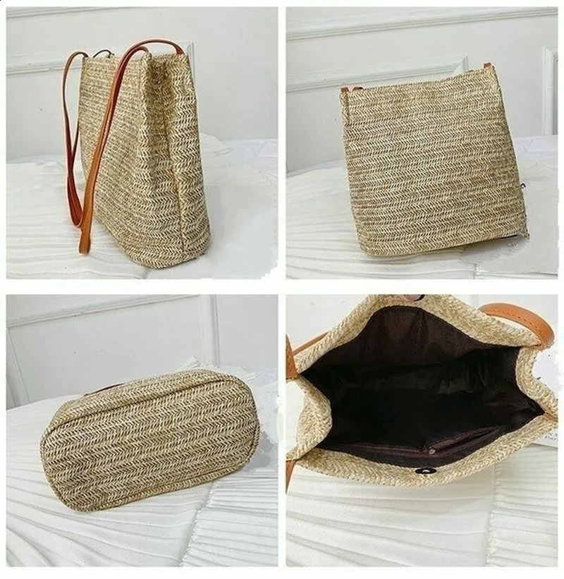 Womens Straw Woven Handbag Large Rattan Basket Beach Bag Summer Women Messenger Crossbody Bags Girls Small Beach Handbag 250228