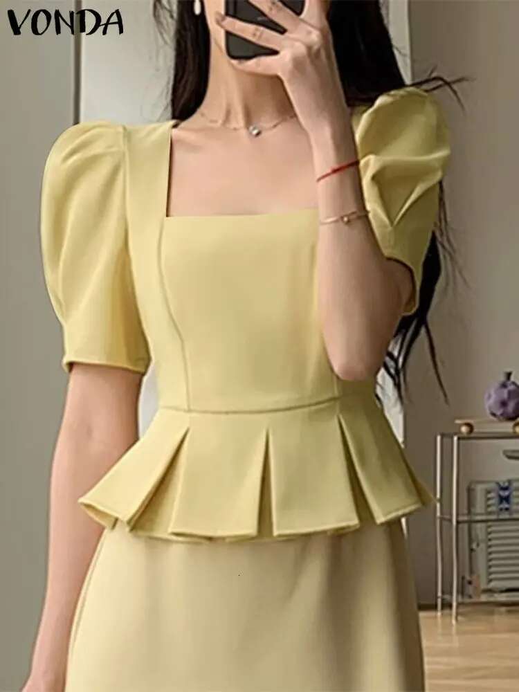 VONDA 2024 Summer Square Collar Women Blouse Tops Tunic Short Puff Sleeve Fashion Loose Shirts Casual Solid Color Blusas