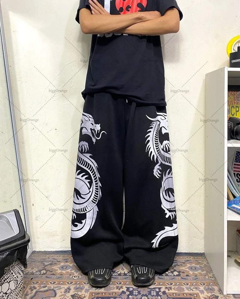 Chinese Style Dragon Print Fashion Loose Wide Leg Pants Men Retro Harajuku Y2K Casual Versatile Oversized Sweatpants Women 250225