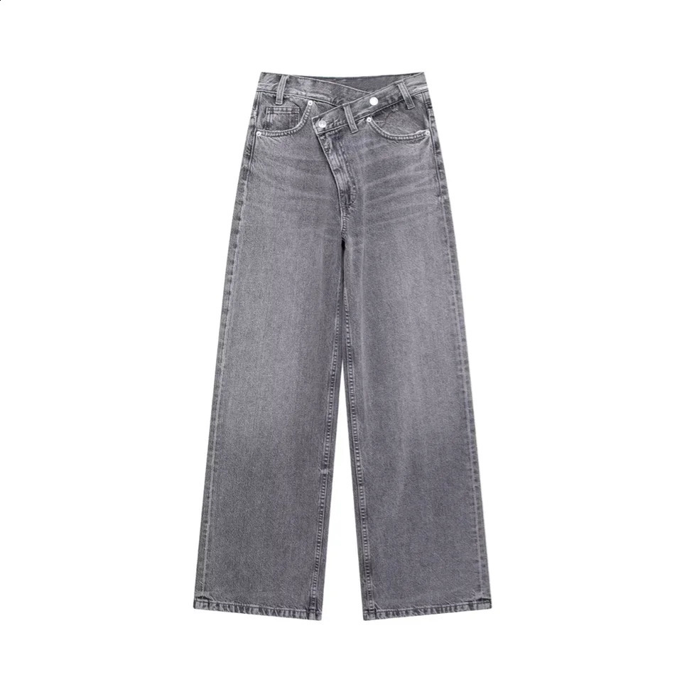 PB ZA Winter Womens Clothing Style Slimming and Simple Double breasted Pants with High Waist and Wide Legs Denim Pants 250225