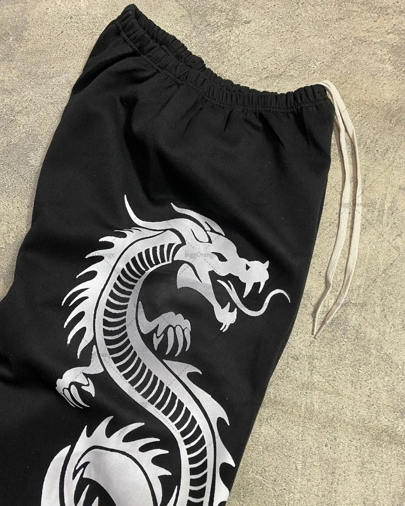 Chinese Style Dragon Print Fashion Loose Wide Leg Pants Men Retro Harajuku Y2K Casual Versatile Oversized Sweatpants Women 250225