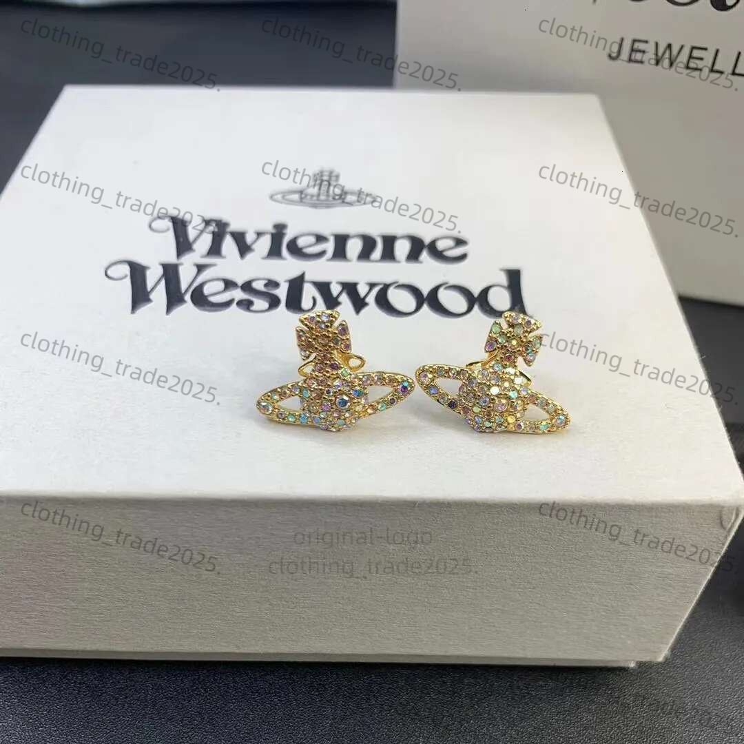 Designer vivinne Jewelry Spring/Summer Hot Western Empress Dowager Full Diamond Saturn viviennen Earrings Female Classic Flat Planet Straight 80e