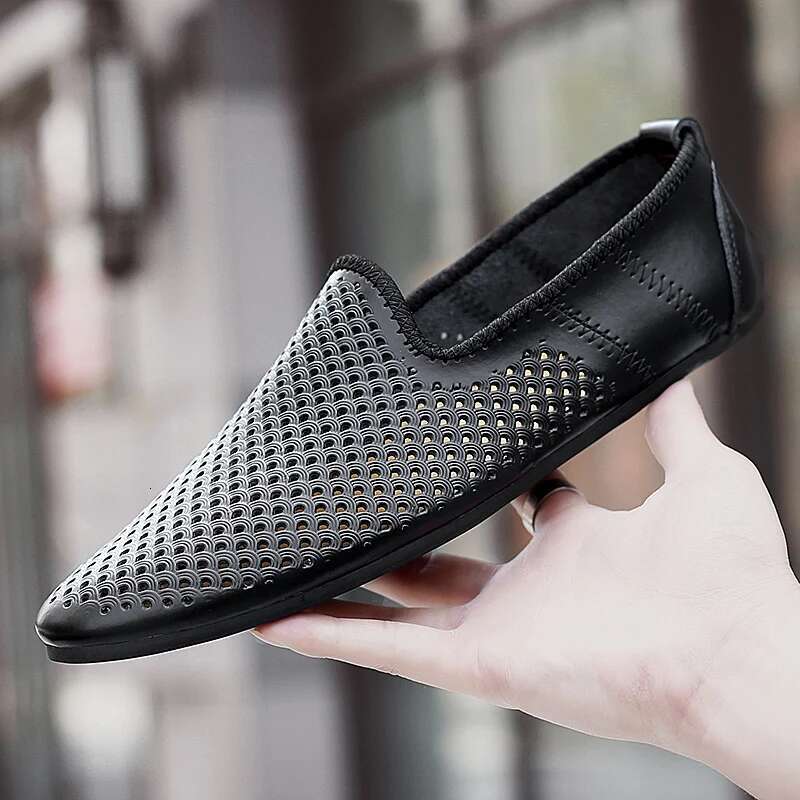 Italian Men Casual Brand Summer Mens Loafers Genuine Leather Moccasins Hollow Out Breathable Slip On Driving Shoes