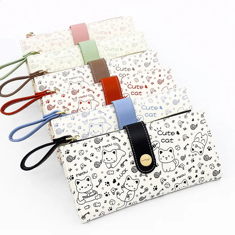 Cute cartoon long wallet womens multifunctional card wallet cat pattern clutch bag womens zipper coin wallet 250228