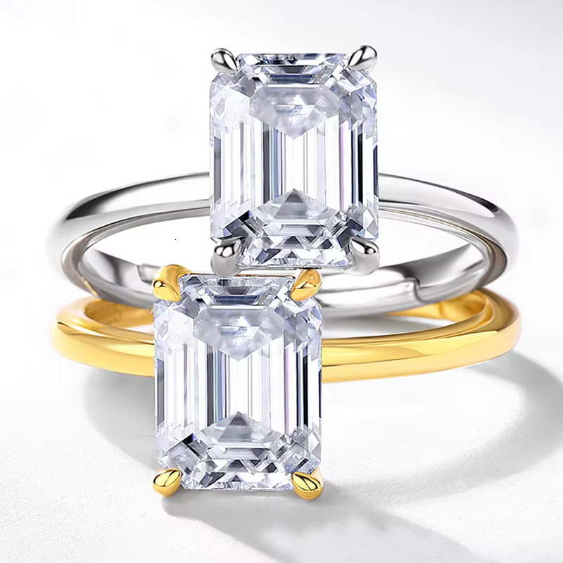 Wholesale Jewelry S925 Silver Moissanite Diamond Ring 2CT Emerald Cut Gold Plated Moissanite Engagement Ring