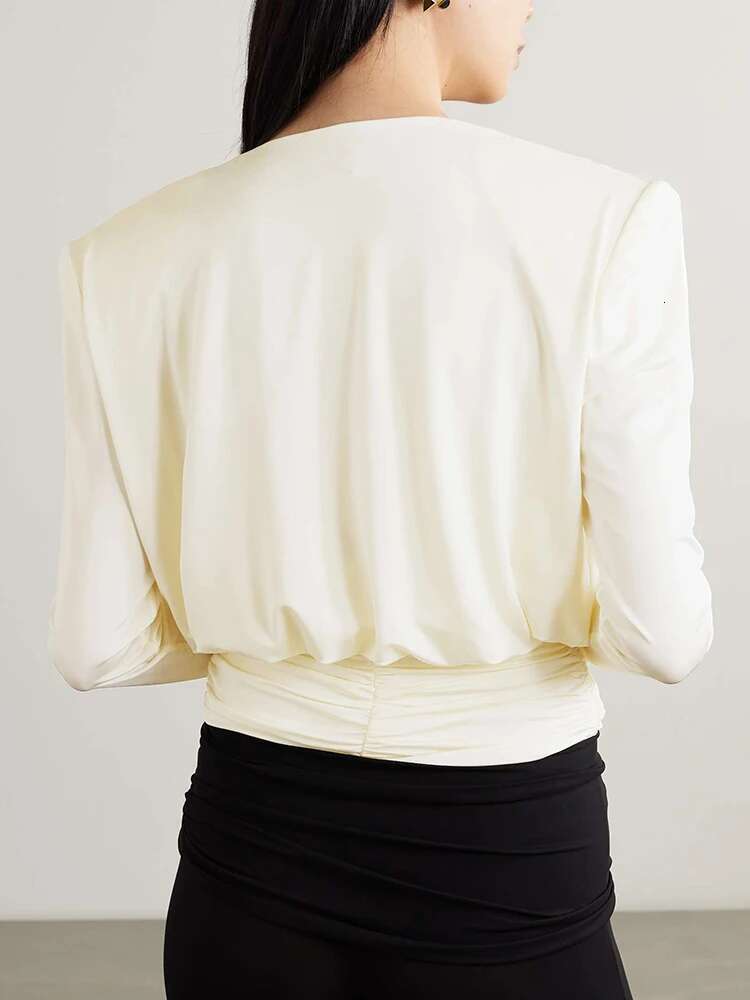 Solid Patchwork Folds Casual Blouses For Women Swinging Collar Long Sleeve Minimalist Slimming Pullover Blouse Female New