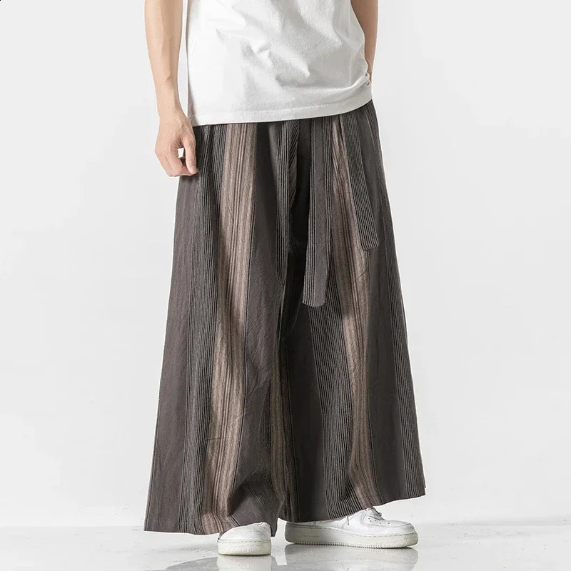 Pants Men Striped Wide Leg Cotton Linen Wide-Leg Pants Men Retro Chinese Style Male Casual s Nepal Robe Joggers Trousers 250228