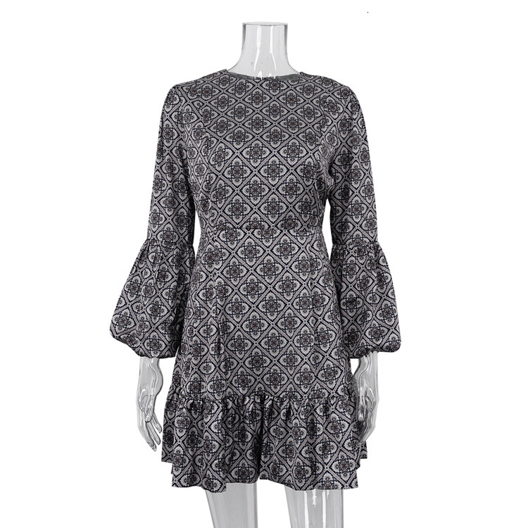 New4 Early Spring New Ethnic Style Round Neck Slim Fit Printed Skirt Tea Break French Long Sleeved Dress For Women