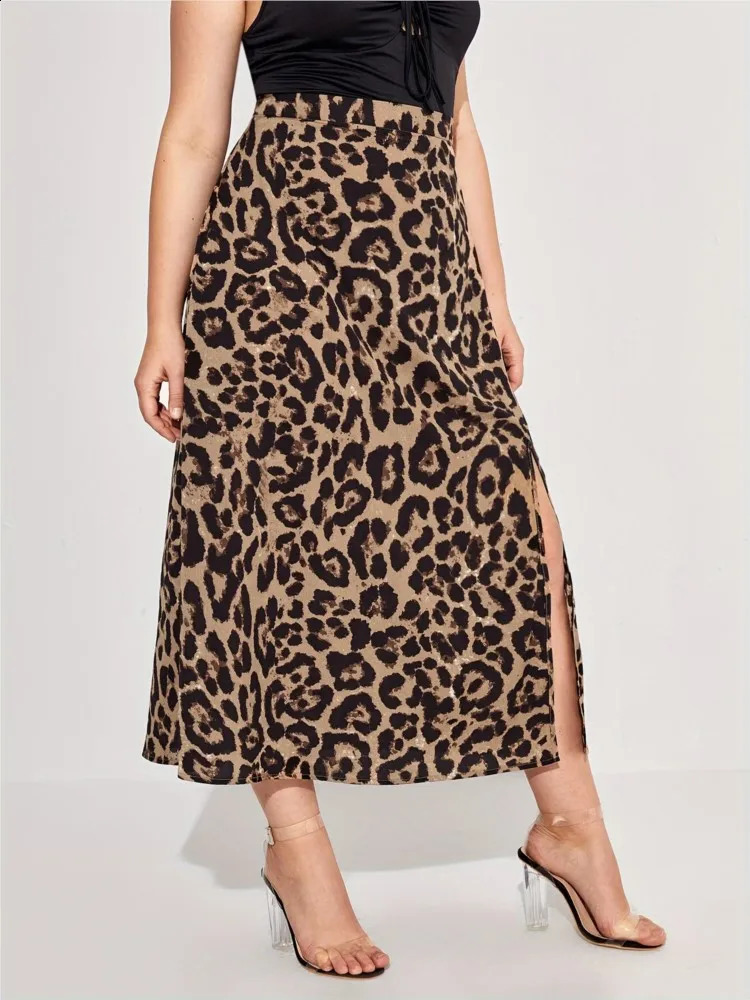 Plus Size Summer Leopard Print Skirts Women Split Fashion Sexy High Waist Ladies Skirts Pleated Woman Long Skirts 250224