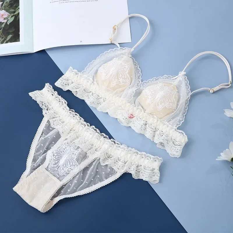 2 Pieces French Ultra Thin Sexy Bra Set Women Bow Lace Flowers Embroidery Underwear Breathable Triangle Cup Lingerie SetXJ250301