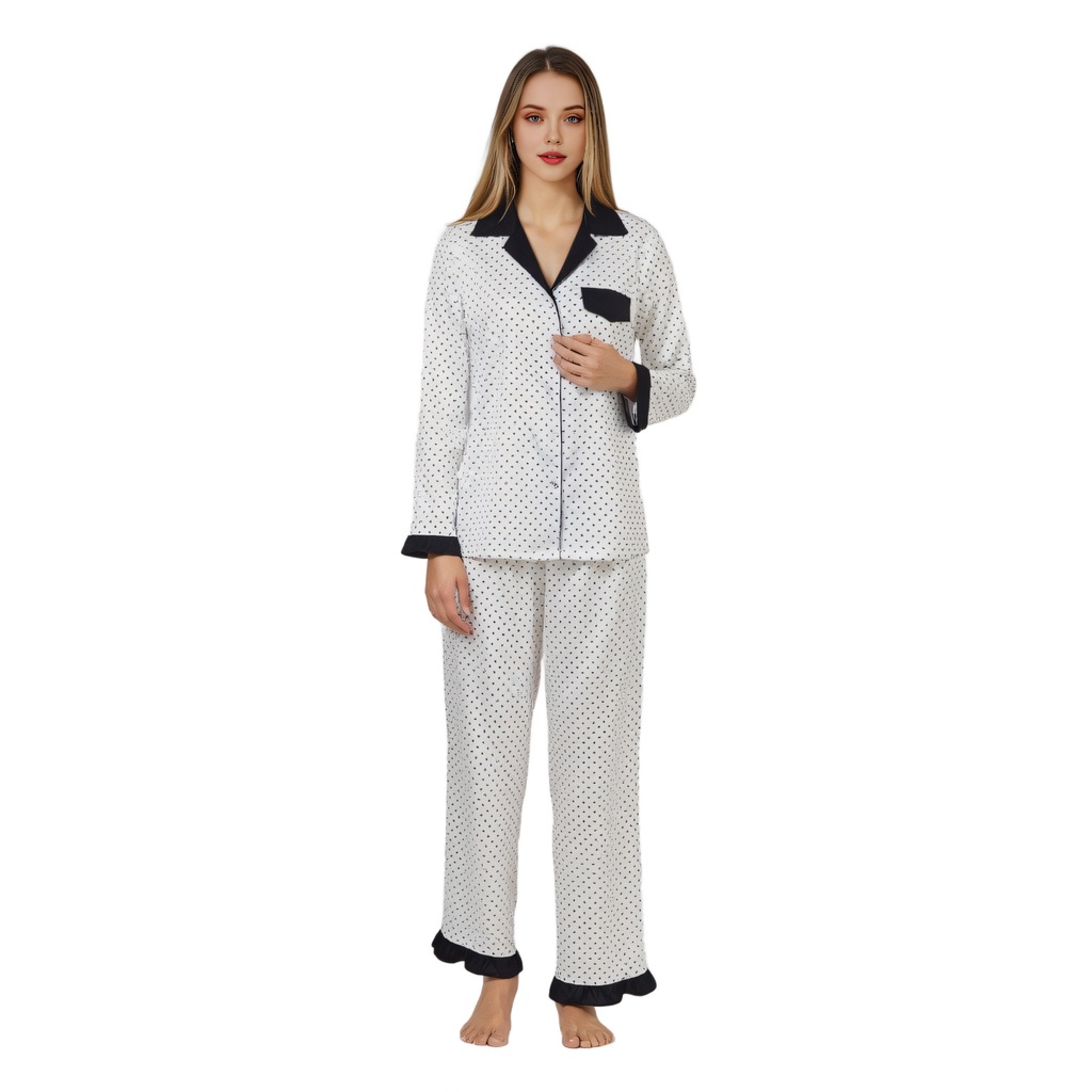 L300 New Black Dot Satin Home Clothes Two-piece Set Long Sleeve Pajamas Set Women's European and American Cross-border Cardigan Long Sleeve Pants