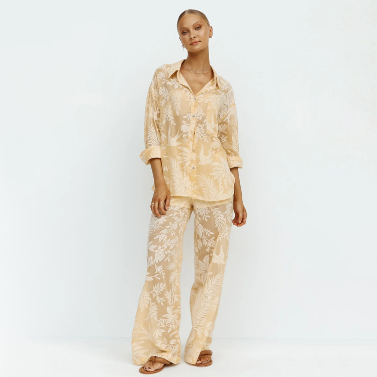 New3 Women's Elegant And Advanced Autumn Printing Sunscreen Long Sleeve Shirt Wide Leg Pants Set Two Pieces