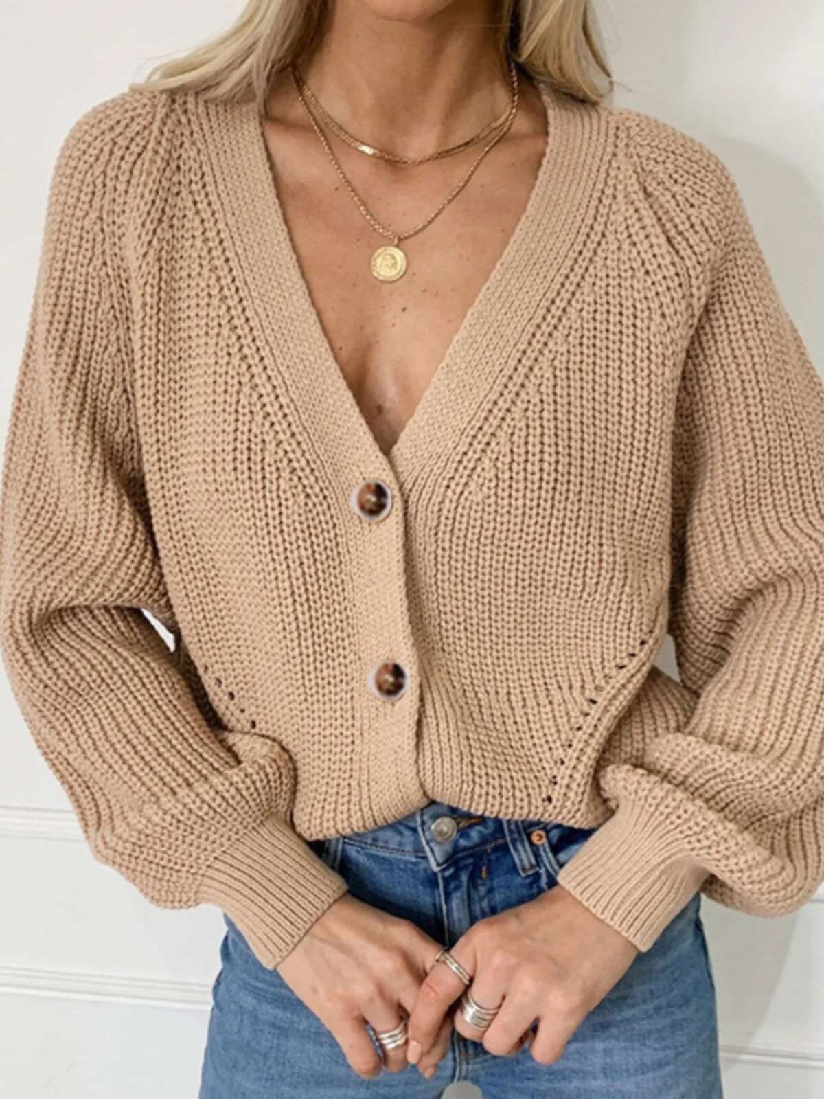 Grey Cardigan Sweater Women Cozy Soft Knit Button Up V-Neck Jumper Basic Knitwear Autumn Winter Outfit