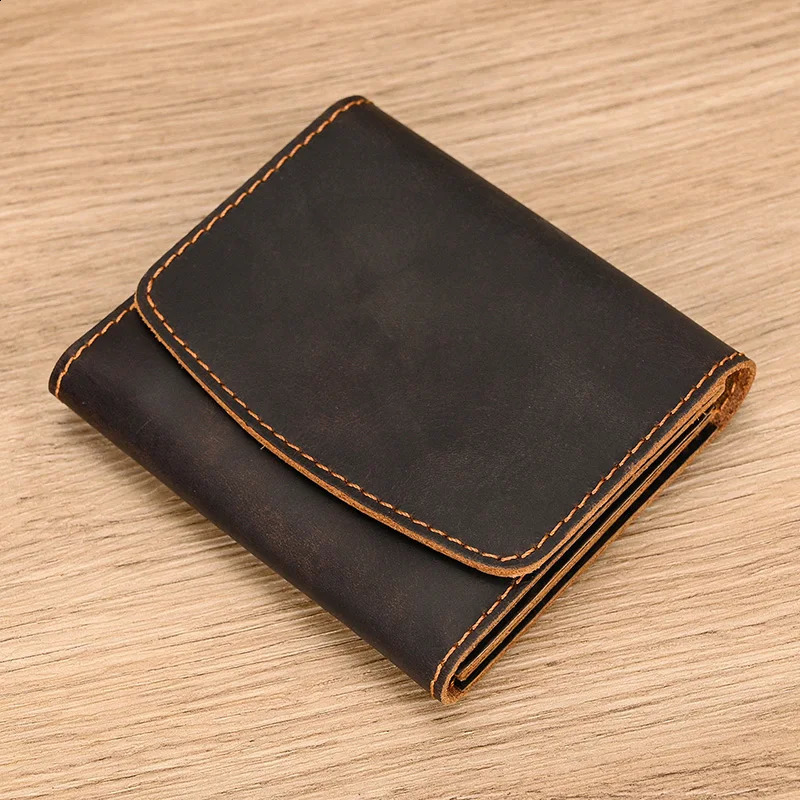Vintage Coin Purse Short Wallet Crazy Horse Leather Short Purse Retro Fashion Mini Purse Cowskin Men Wallets Drop 250228