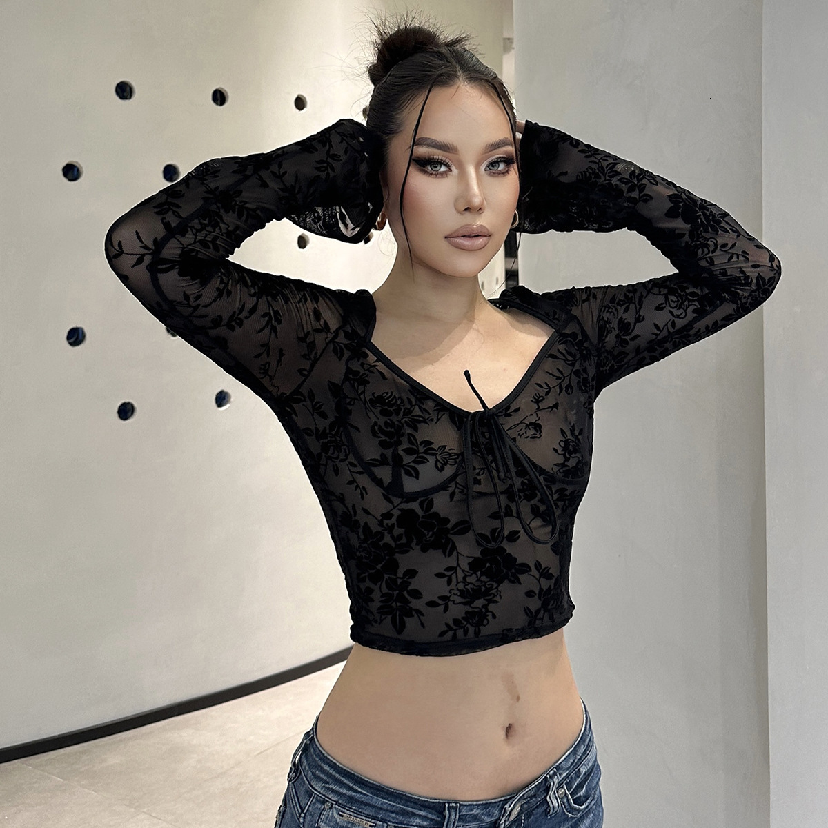 Women's Clothing New Summer New Product Fashionable And Sexy See Through Mesh Slim Fit Long Sleeved T-Shirt Top