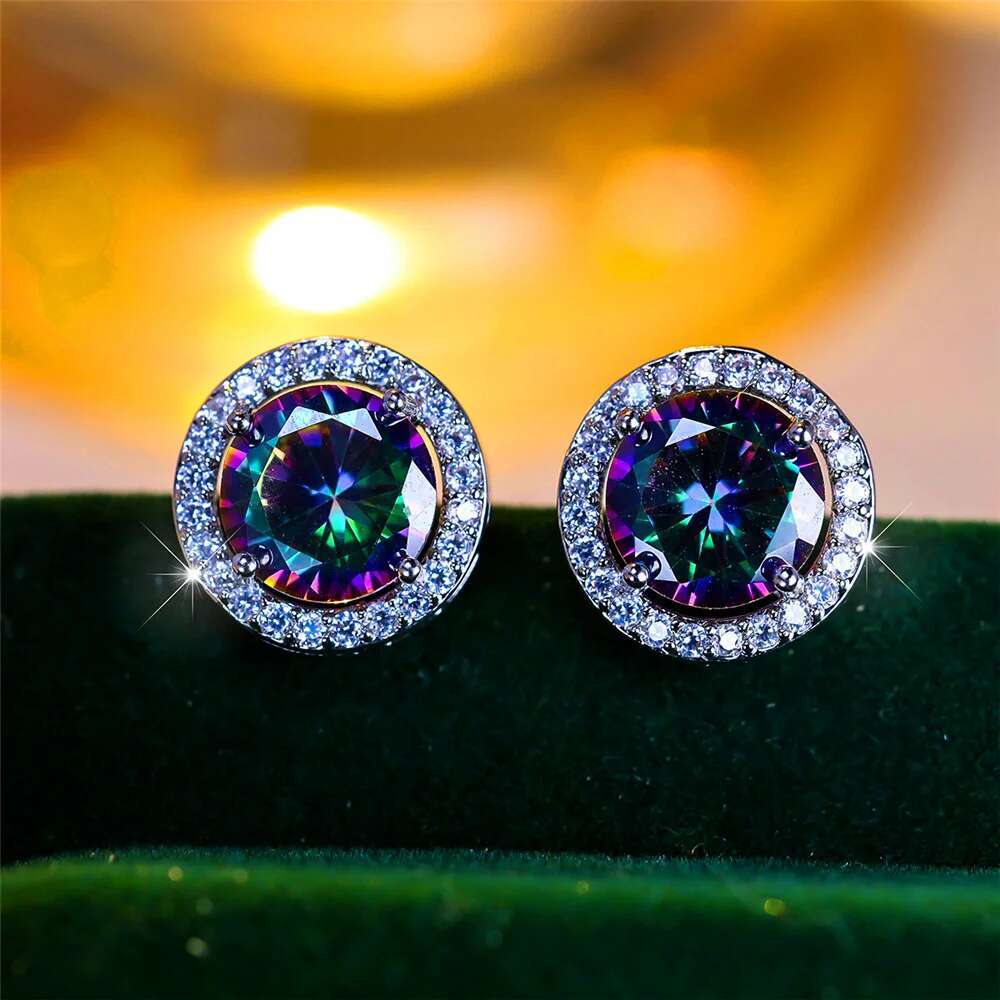 Male Female Crystal Purple Blue Green Round Stud Earrings Sier Color Wedding Jewelry For Women Men