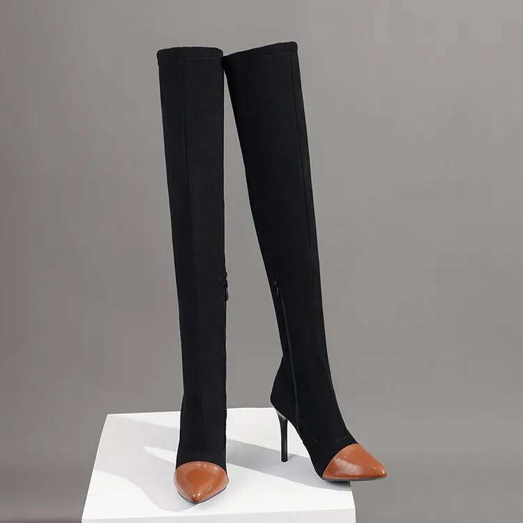 Sexy Stretch Fabric Patchwork Pointed Toe Thigh Slip On Stiletto High Heels Elastic Over The Knee Sock Boots Shoes