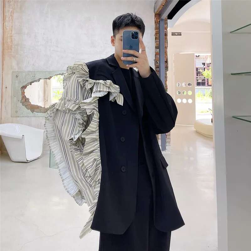 Tannt Women Asymmetry Edible Tree Fungus Patchwork Stripes Blazer Jackets Irregular Casual Color Matching Suit Coats
