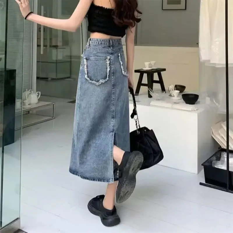 Plus Size Summer Trendy Korean Style Vintage Pocket Fringe n Sensibility Side Slit Denim Skirt For Women Mid Le... 250224