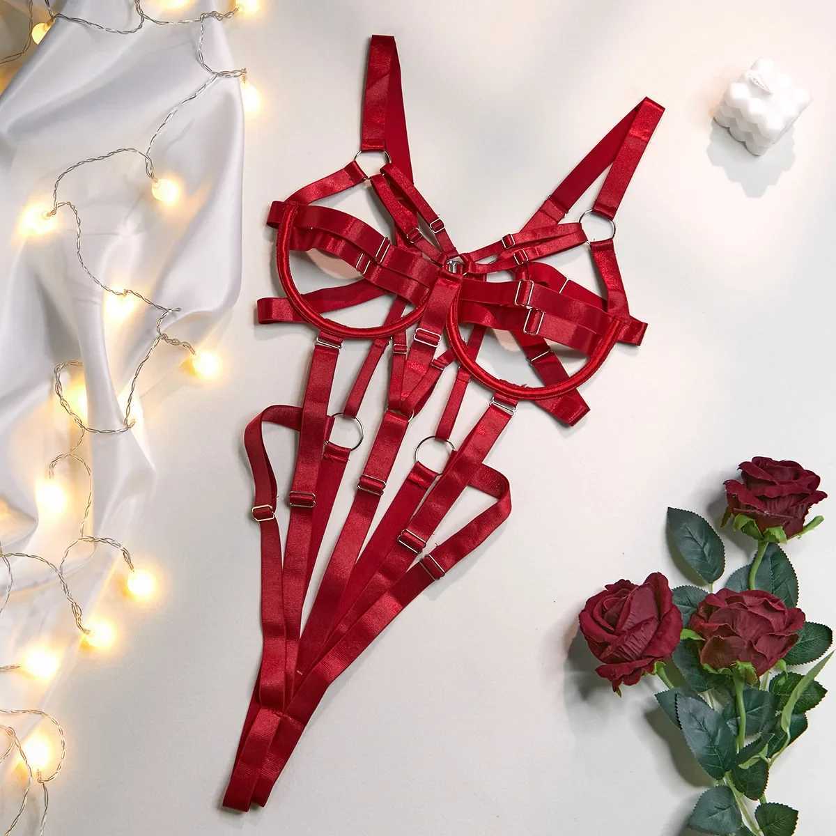 Womens Ribbon Splicing Steel Ring Backless Jumpsuit Underwear Sexy Solid Patchwork Steel Ring Bodysuit Perspective IntimatesXJ250301