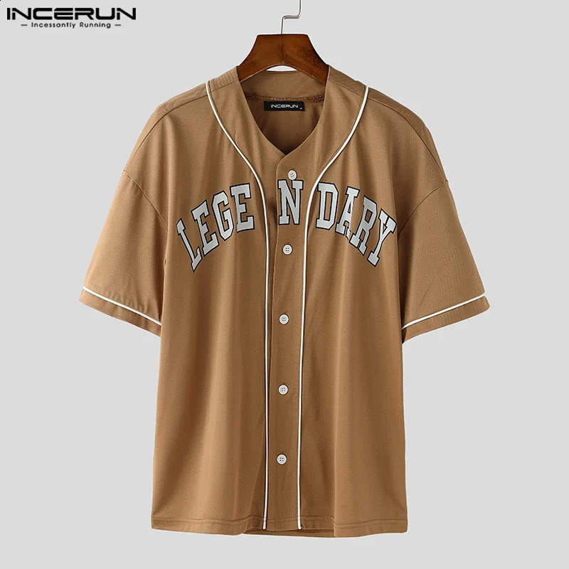 INCERUN Tops American Style Fashion Men Letter Pattern Printed Shirt Casual Streetwear Male Collarless Short Sleeved Blouse 250224