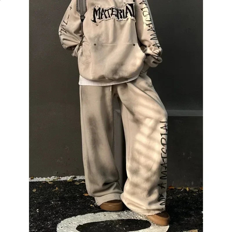 American Retro High Street Hip-hop Mens Wide Leg Pants Autumn Korean Fashion Loose Casual Pants and Hoodie Y2k Streetwear 250225